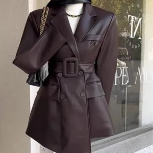 Coffee PU Leather Jacket For Women Long Sleeve Hem Asymmetric With Belt Office Lady Coat